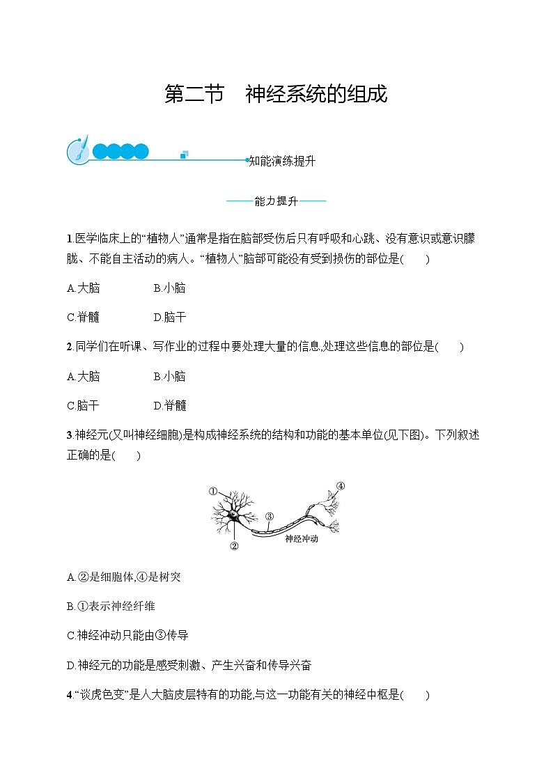 人教版初中生物七年级下册第6章第2节神经系统的组成练习含答案第1页