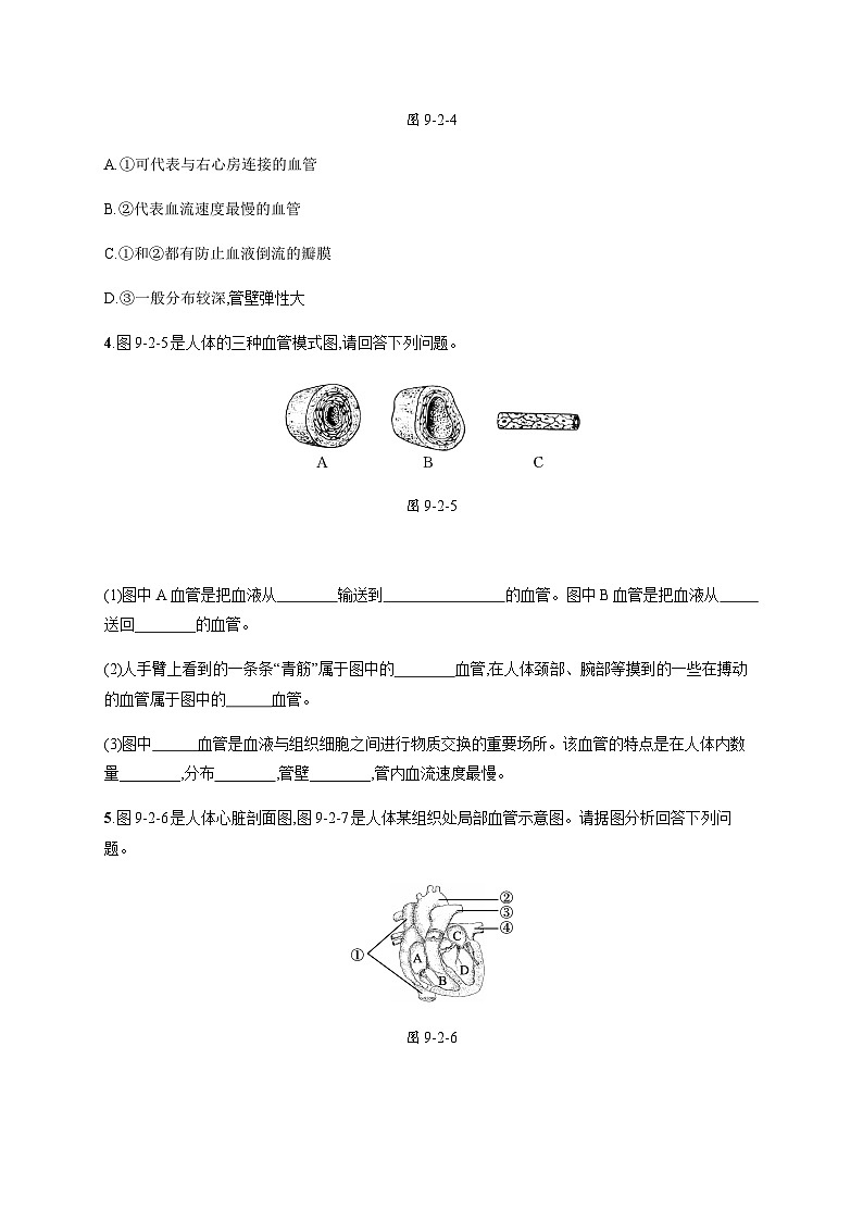 北师版初中生物七年级下册第9章人体内的物质运输第2节第1课时血管和心脏练习含答案第2页