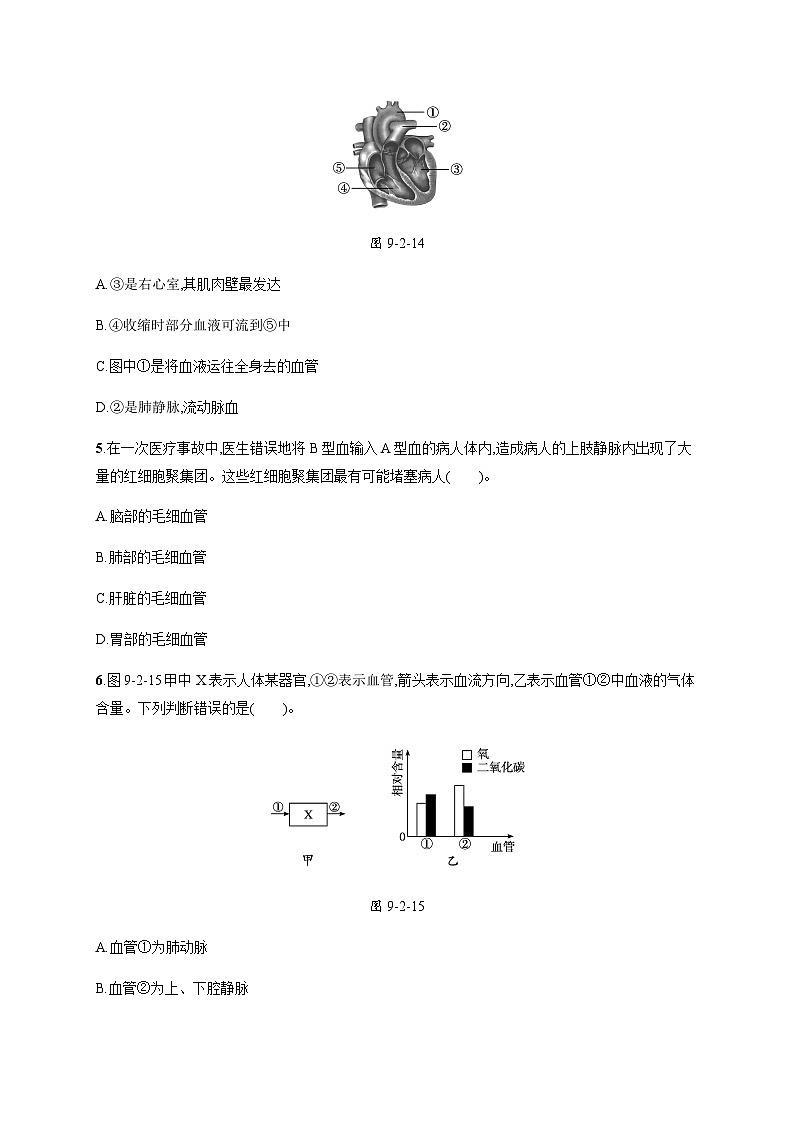 北师版初中生物七年级下册第9章人体内的物质运输第2节第2课时血液在心脏血管系统中循环流动、血压和脉搏练习含答案02