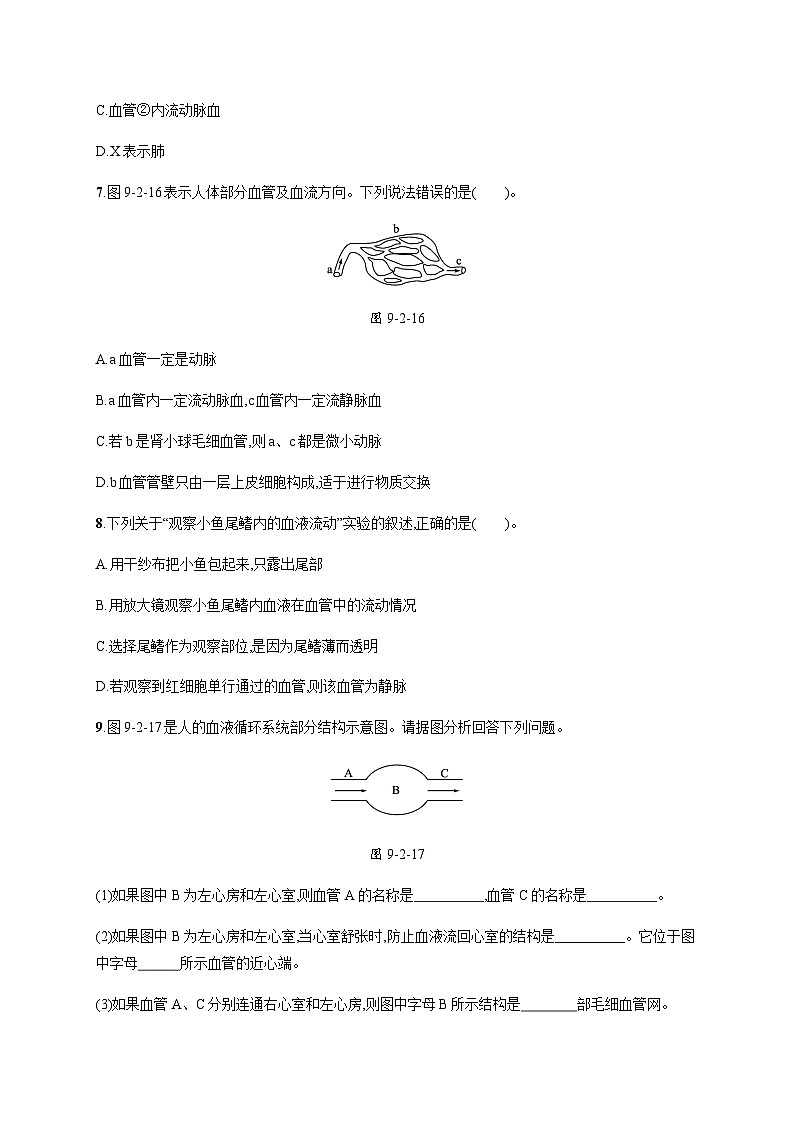 北师版初中生物七年级下册第9章人体内的物质运输第2节第2课时血液在心脏血管系统中循环流动、血压和脉搏练习含答案03