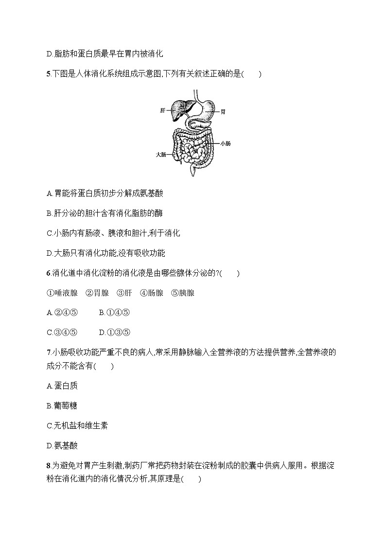 人教版（福建）初中生物七年级下册第二章第二节消化和吸收练习含答案第2页