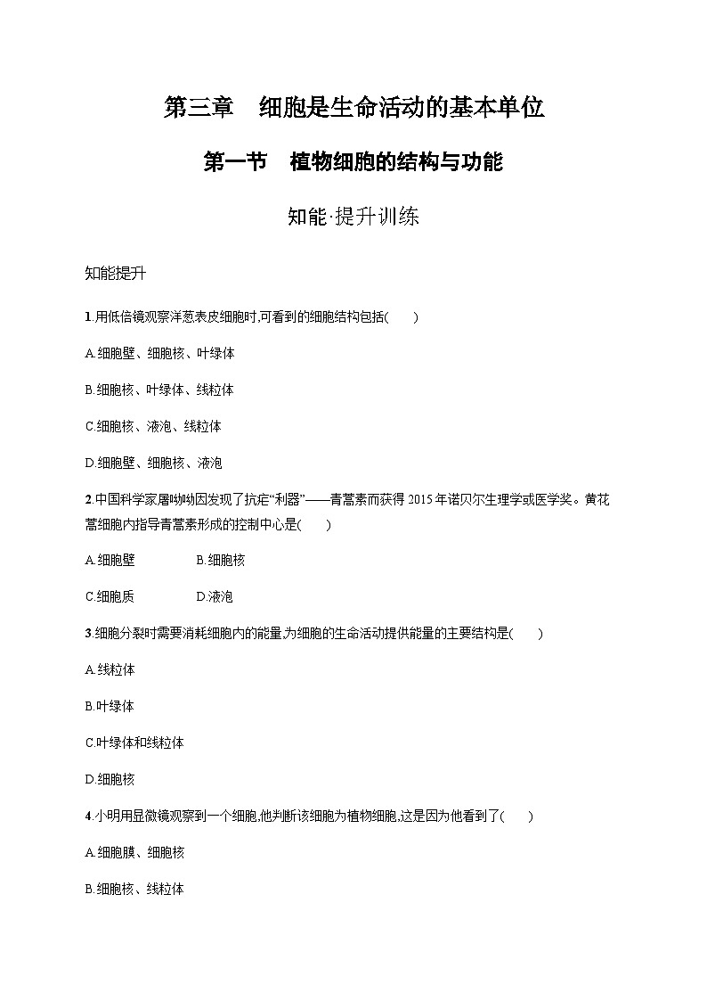 苏教版初中生物七年级上册第2单元第三章第一节植物细胞的结构与功能练习含答案01