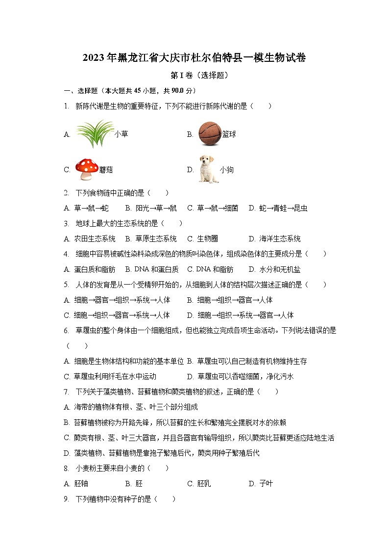 2023年黑龙江省大庆市杜尔伯特县一模生物试卷（含解析）01