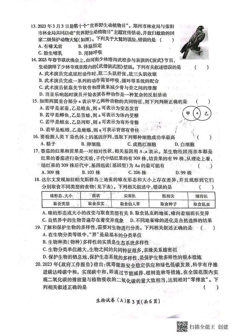 2023年河南省商丘市虞城县生物三模A卷03