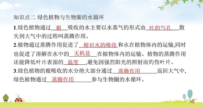 苏教版初中生物七年级上册第3单元第七章第二节绿色植物与生物圈的物质循环练习课件05