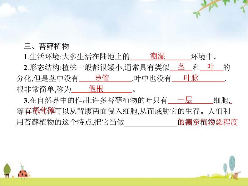 人教版初中生物七年级上册第3单元生物圈中的绿色植物第1章第1节藻类、苔藓和蕨类植物练习课件03