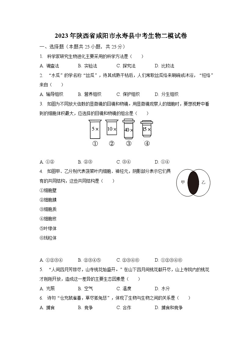 2023年陕西省咸阳市永寿县中考生物二模试卷（含解析）01