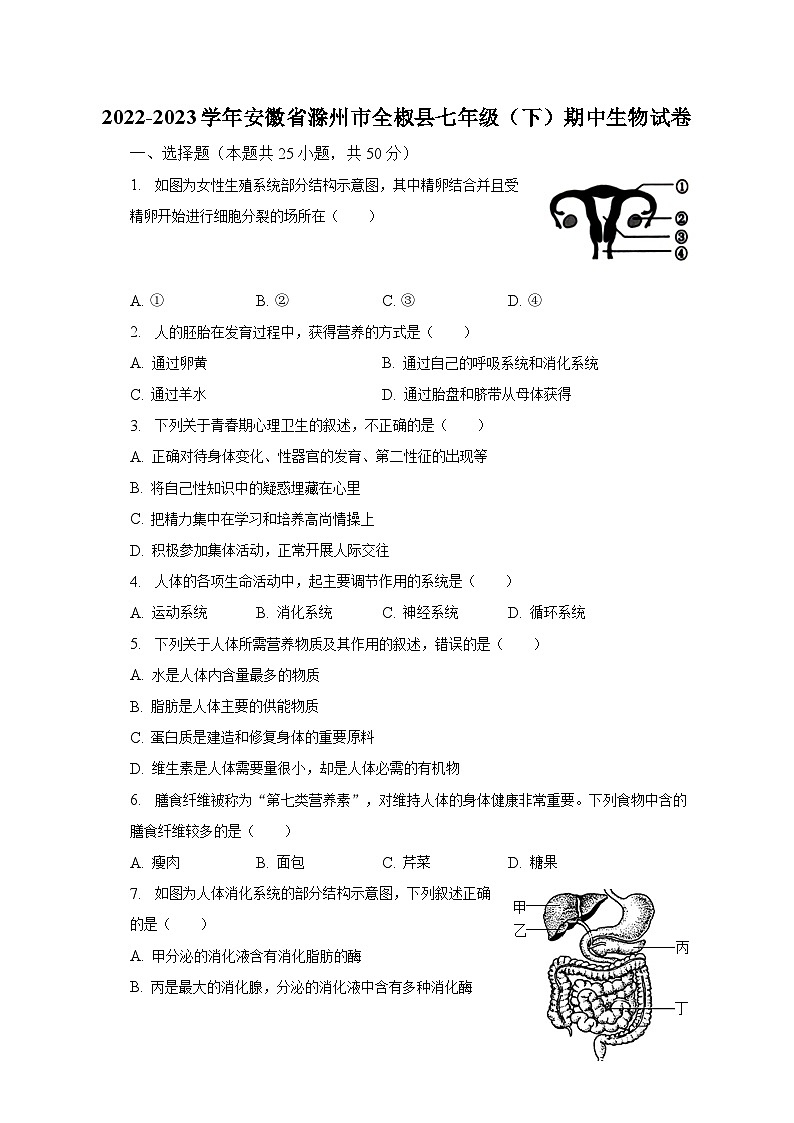 2022-2023学年安徽省滁州市全椒县七年级（下）期中生物试卷（含解析）第1页