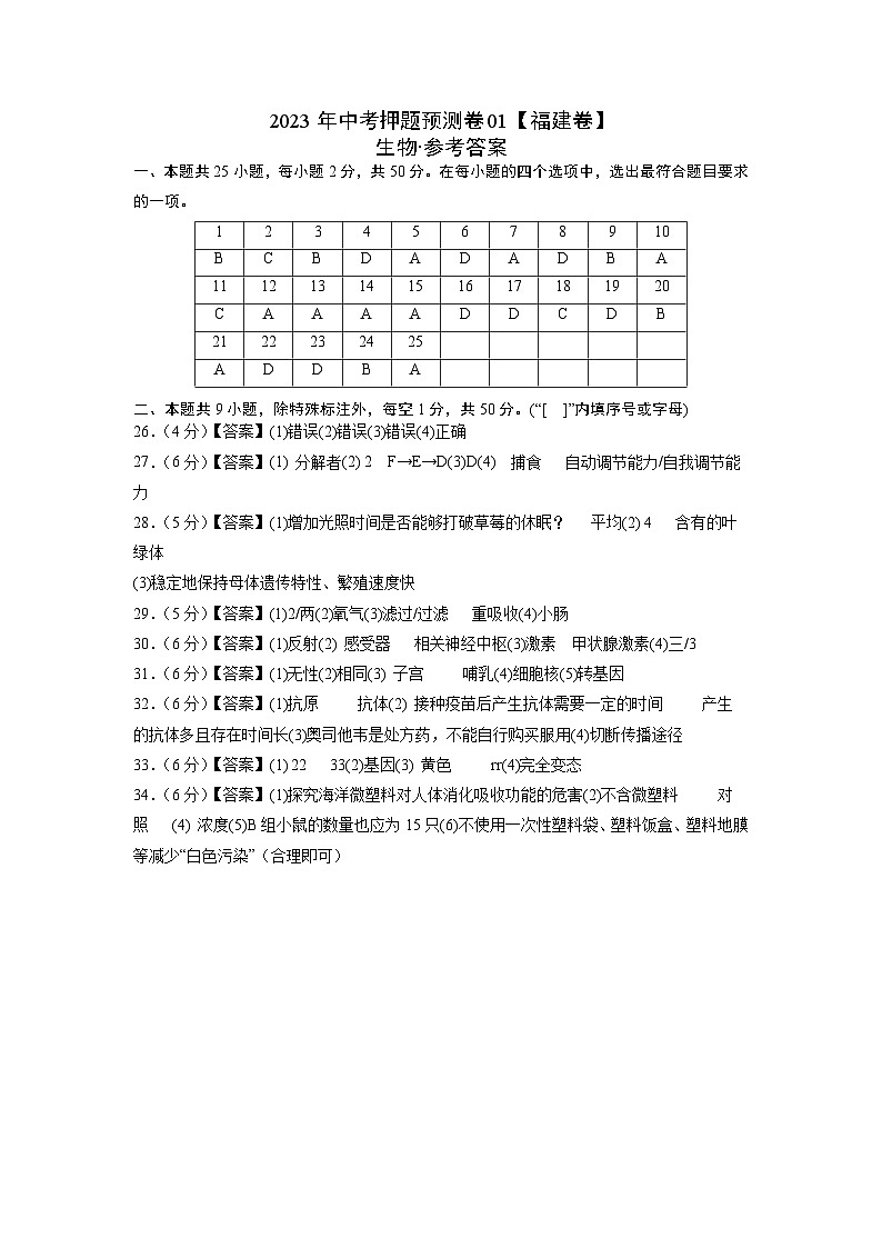 2023年中考押题预测卷01（福建卷）-生物01