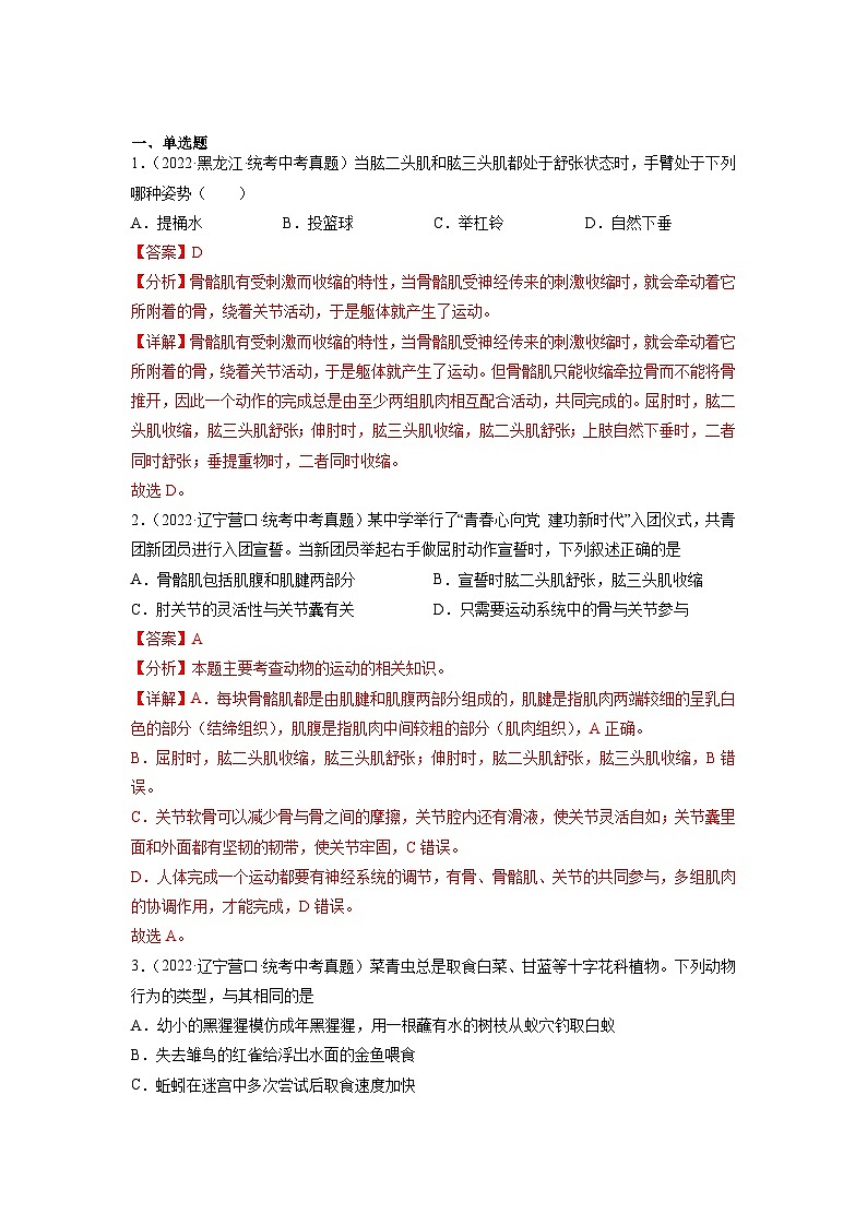 专题复习10 动物的运动和行为（解析版）第3页