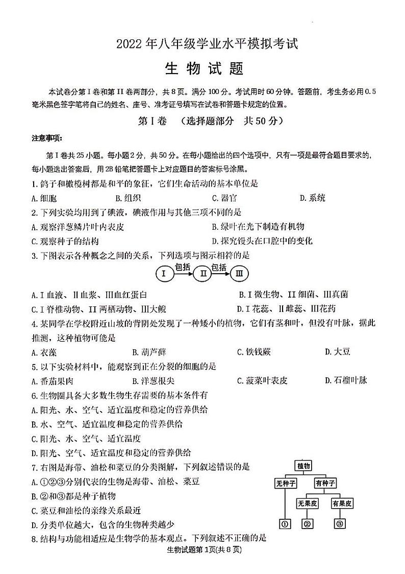 2022年济南市天桥区中考二模生物试题01