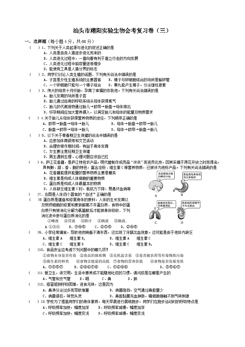 广东省汕头市潮阳实验学校2023生物会考复习卷三（无答案）01