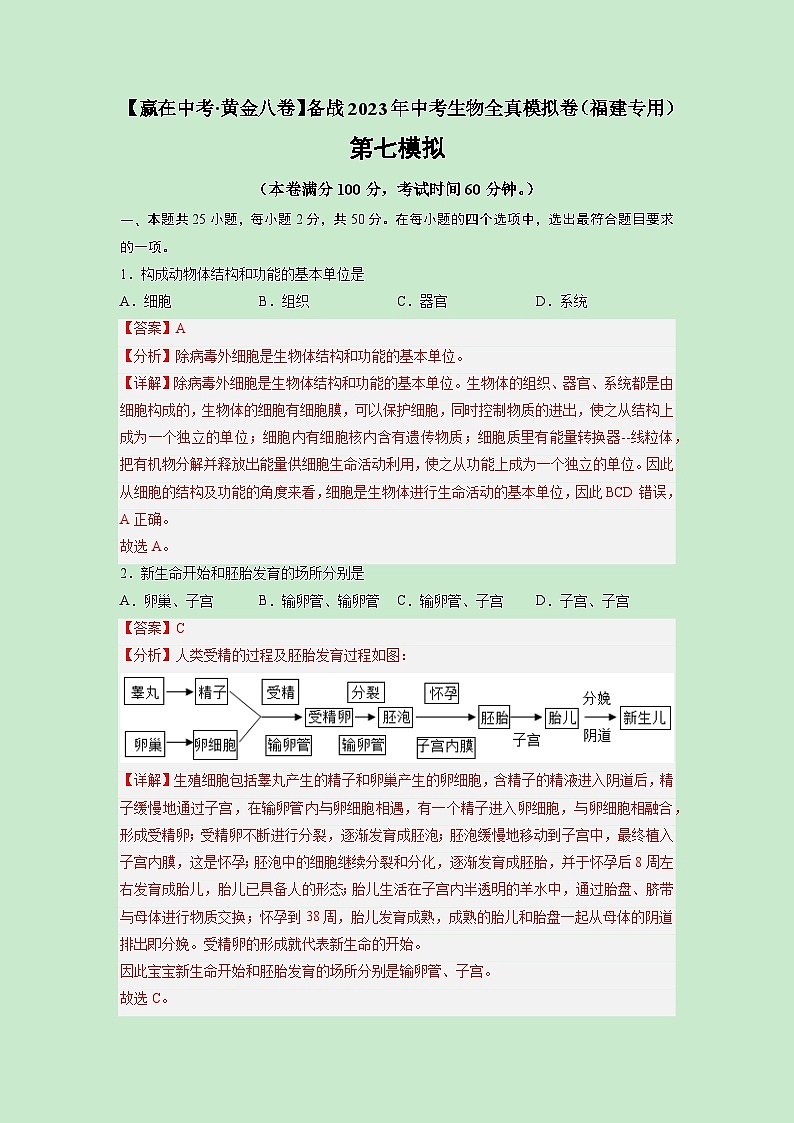 黄金卷07-【赢在中考·黄金8卷】备战2023年中考生物全真模拟卷（福建专用）（解析版）第1页