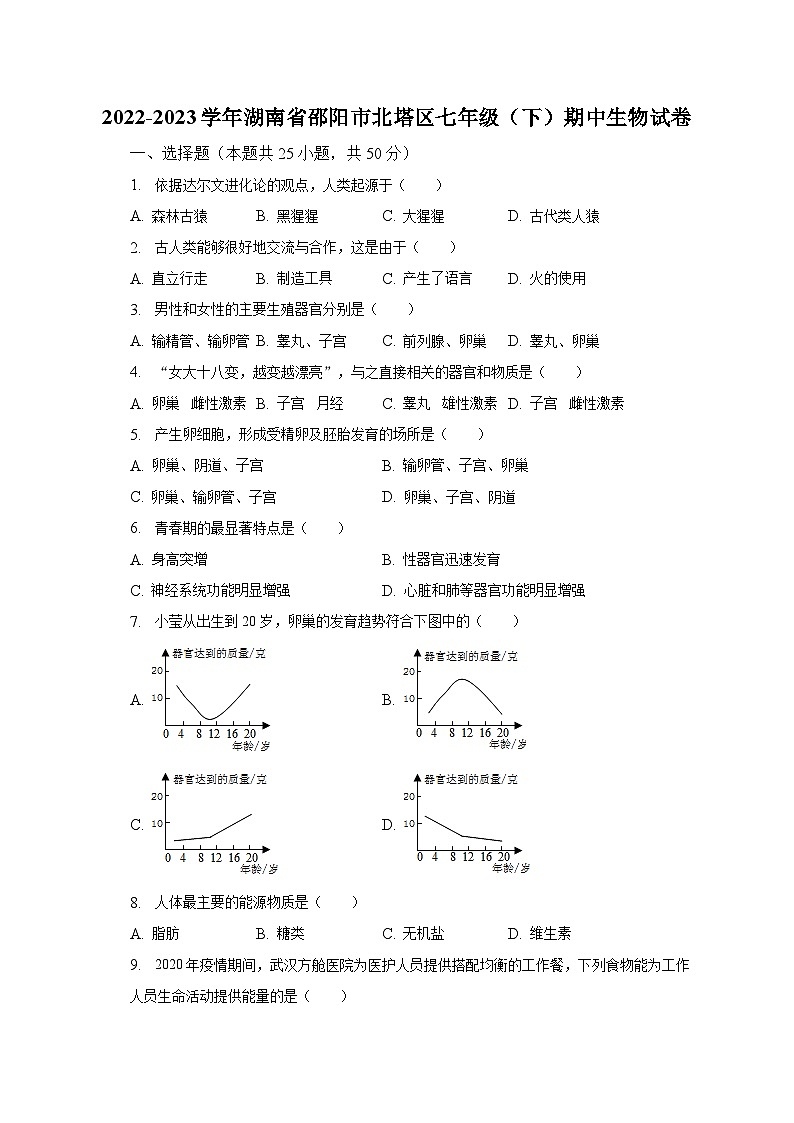 2022-2023学年湖南省邵阳市北塔区七年级（下）期中生物试卷（含解析）第1页