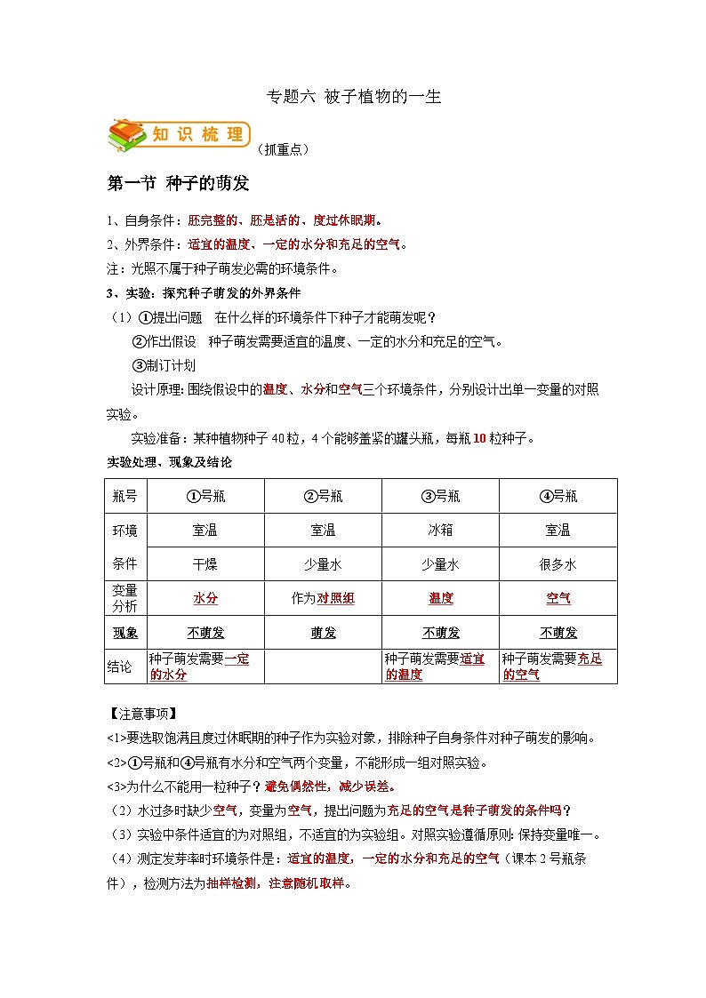 专题06 被子植物的一生-2022年中考生物一轮复习抓重点考典型（人教版）01