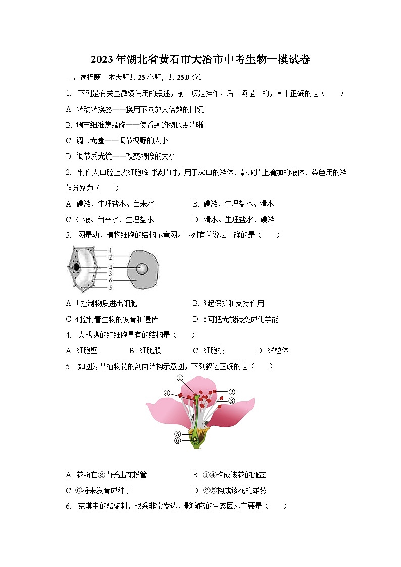 2023年湖北省黄石市大冶市中考生物一模试卷（含解析）01