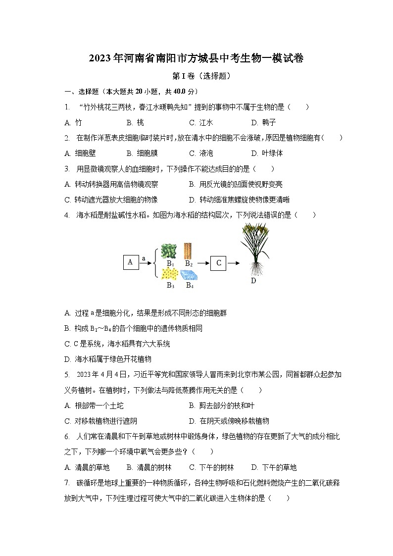 2023年河南省南阳市方城县中考生物一模试卷（含解析）第1页