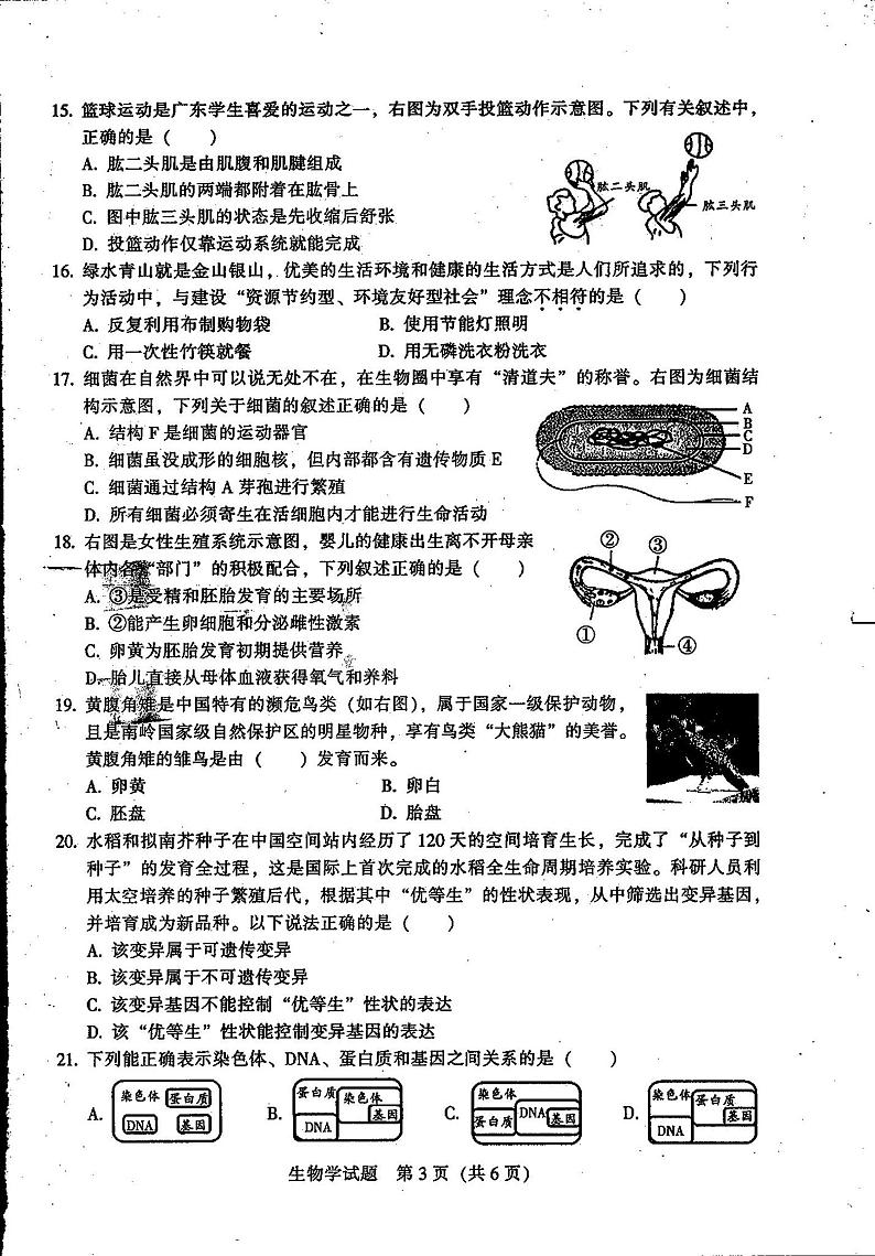 2023年广东省韶关市初中学业水平模拟考试生物试卷02