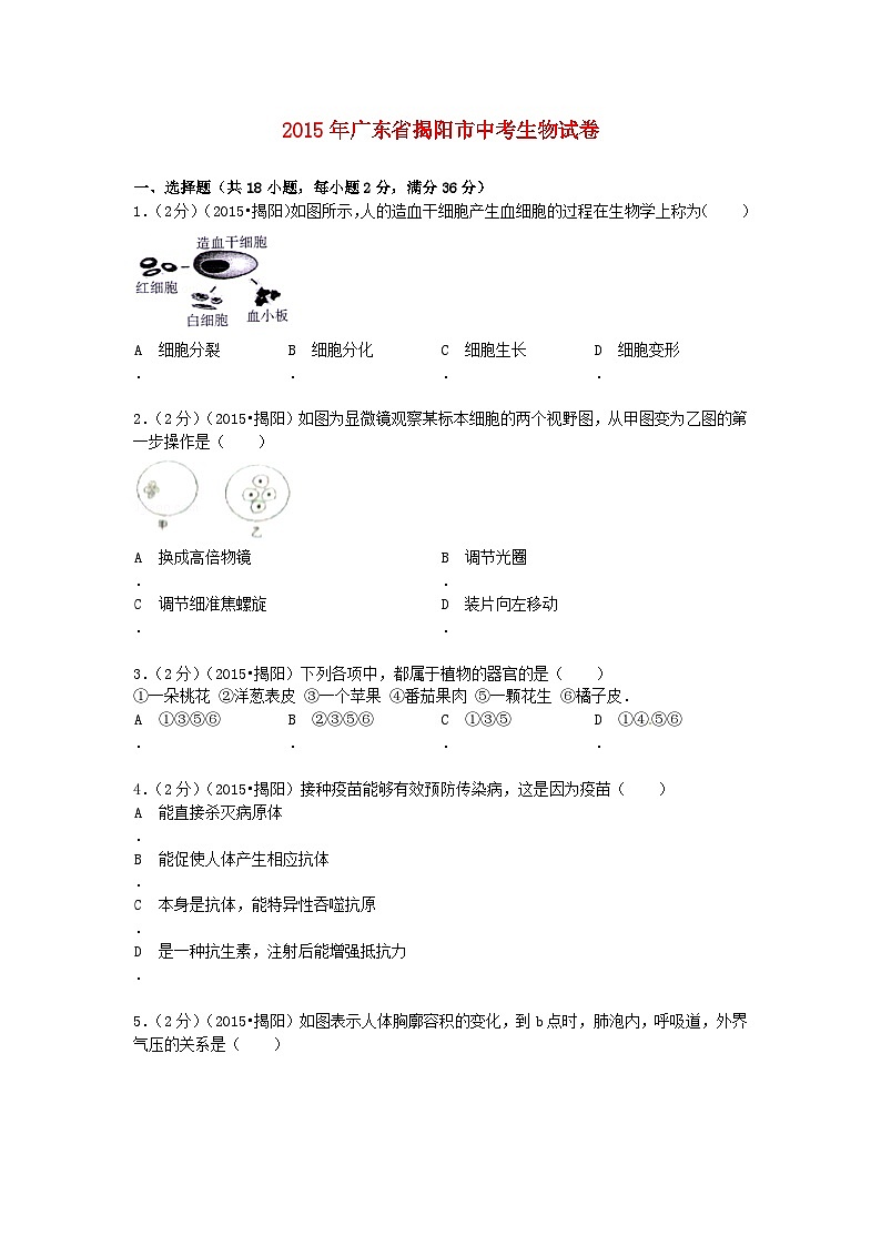 广东省揭阳市2015年中考生物真题试题（含解析）第1页