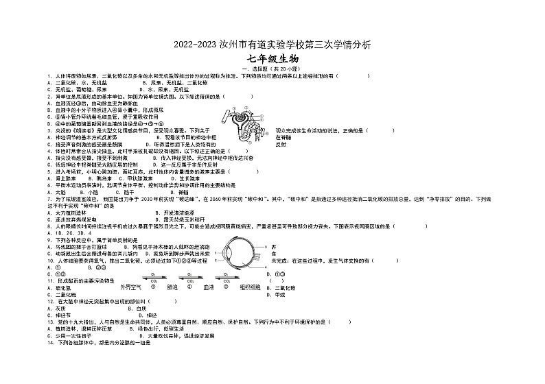 河南省平顶山市汝州市有道实验学校2022-2023学年七年级下学期5月月考生物试题第1页