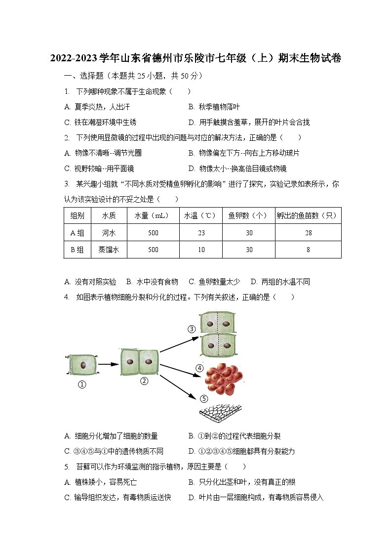2022-2023学年山东省德州市乐陵市七年级（上）期末生物试卷（含解析）01