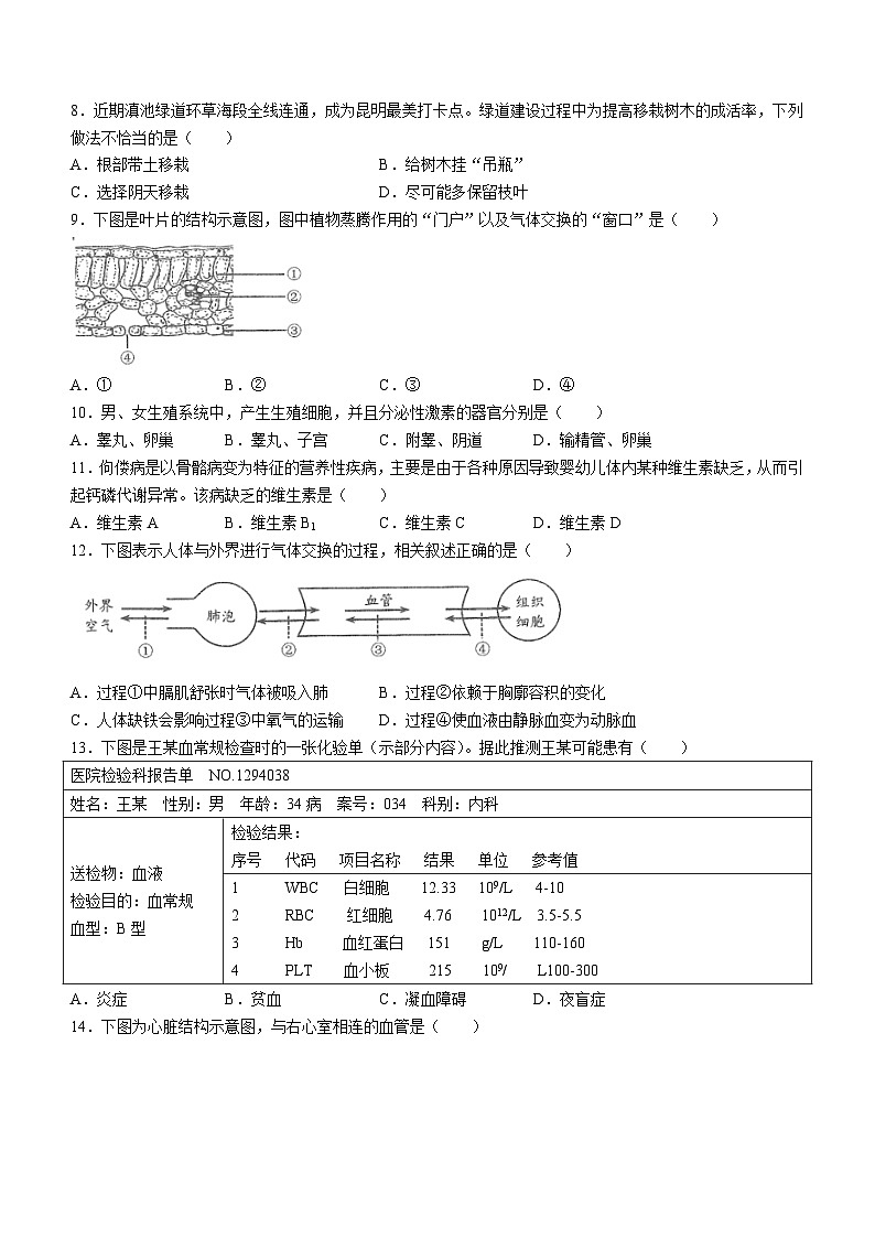2023年云南省昆明市官渡区中考二模生物试题（含答案）第2页