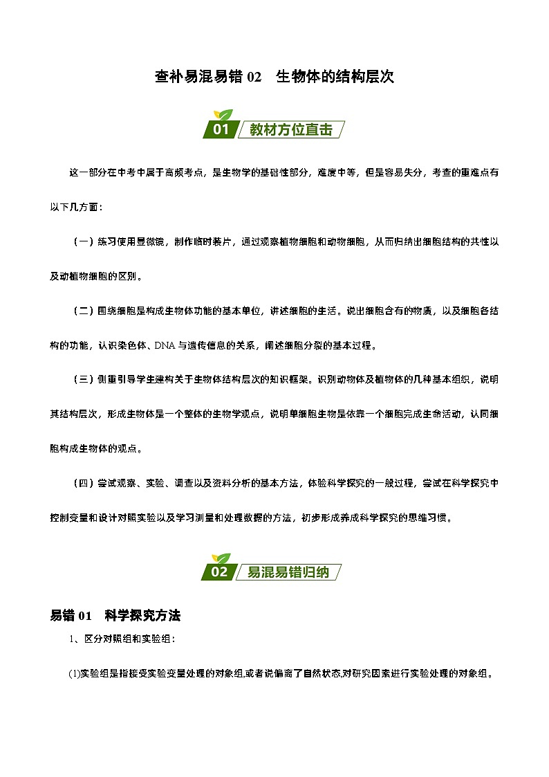 易错点02  初中生物体的结构层次——2023年会考初中生物易错点专练学案01