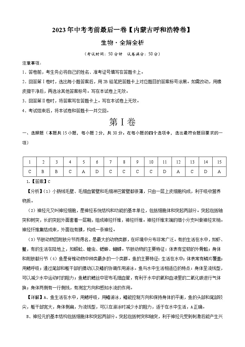 2023年会考初中生物考前押题卷（内蒙古呼和浩特卷）（考试版+答题卡+全解全析+参考答案）01