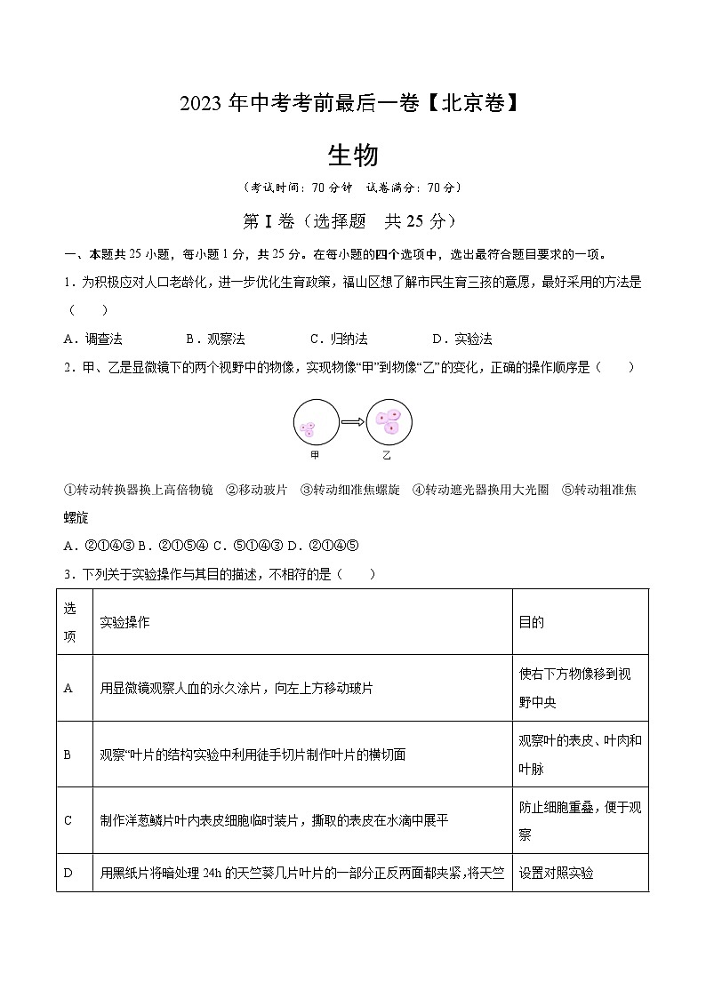 2023年会考初中生物考前押题卷（北京卷）（考试版+答题卡+全解全析+参考答案）01