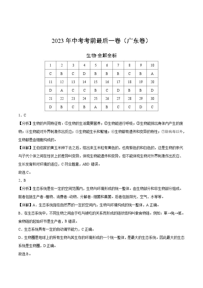 2023年会考初中生物考前押题卷（广东卷）（考试版+答题卡+全解全析+参考答案）-教习网|试卷下载