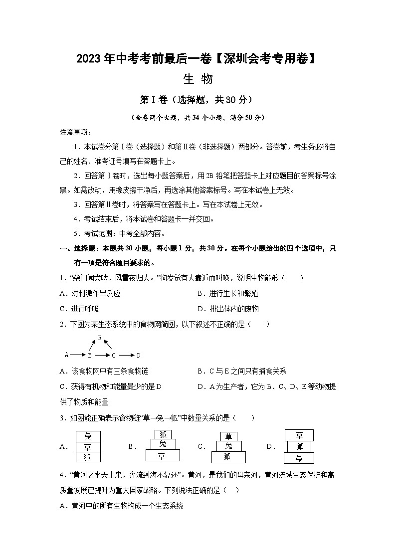 2023年会考生物考前押题卷（深圳卷）（考试版）第1页