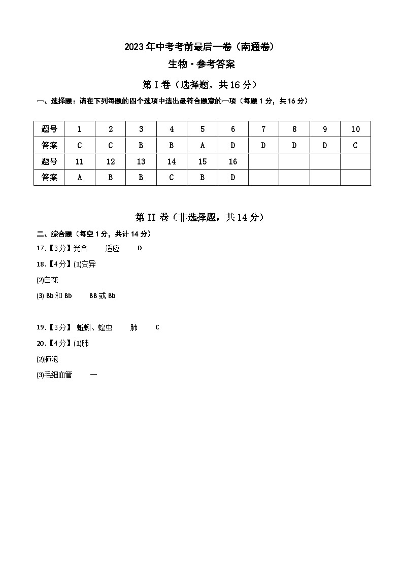 2023年会考初中生物考前押题卷（江苏南通卷）（考试版+答题卡+全解全析+参考答案）01