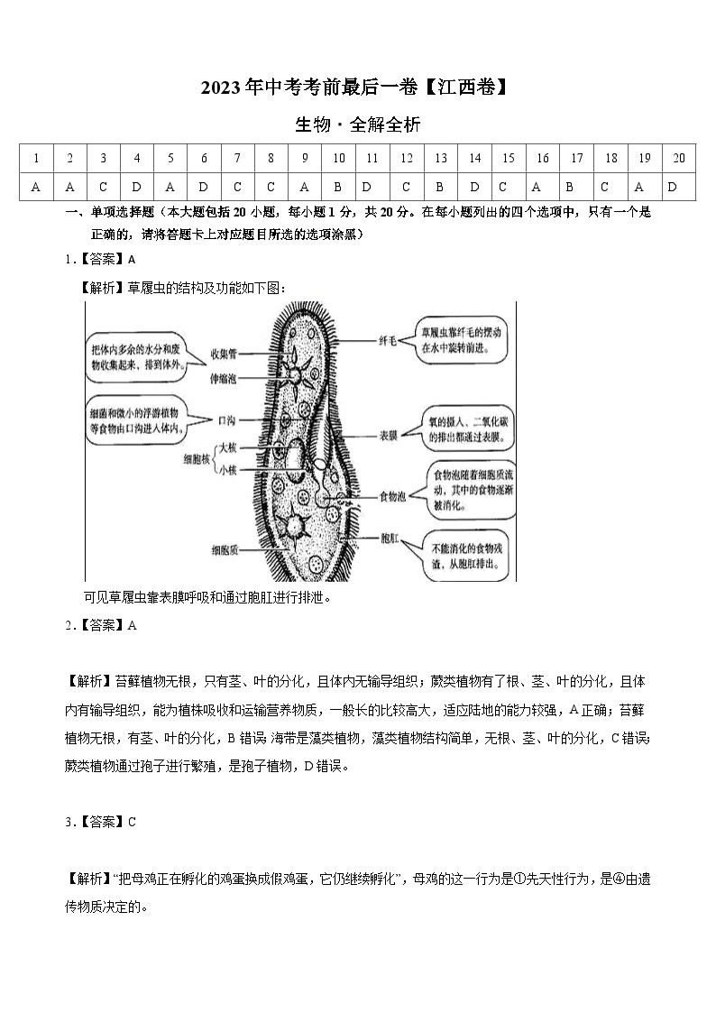 2023年会考初中生物考前押题卷（江西卷）（考试版+答题卡+全解全析+参考答案）01