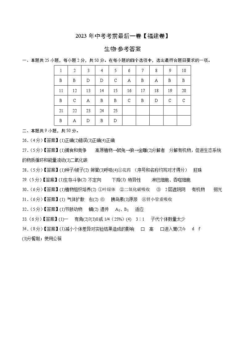 2023年会考初中生物考前押题卷（福建卷）（考试版+答题卡+全解全析+参考答案）01