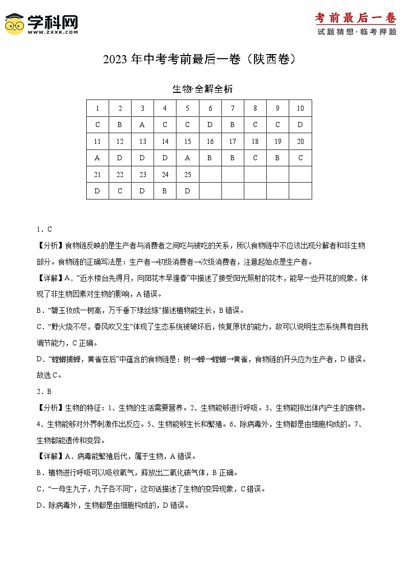 2023年会考初中生物考前押题卷（陕西卷）（考试版+答题卡+全解全析+参考答案）01