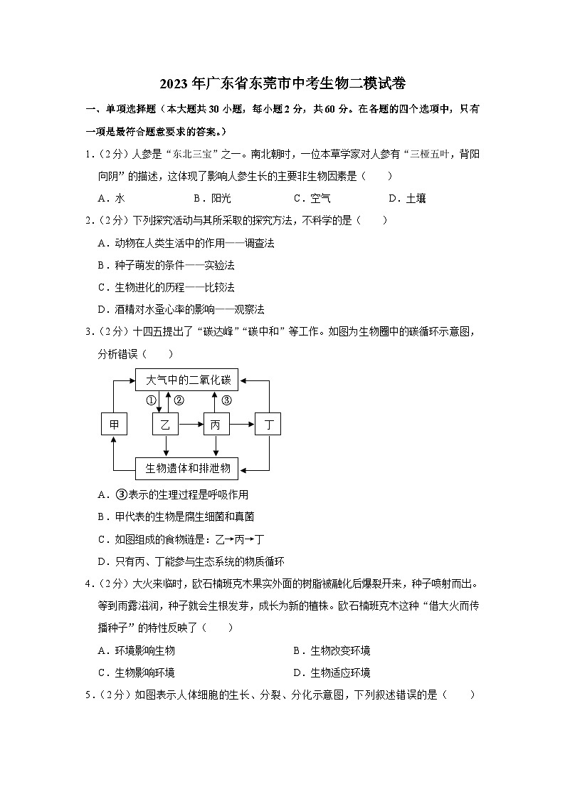 2023年广东省东莞市中考生物二模试卷（含答案）01