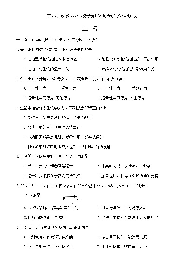 2023年广西玉林市中山学校八年级无纸化阅卷适应性测试生物试题（含答案）01