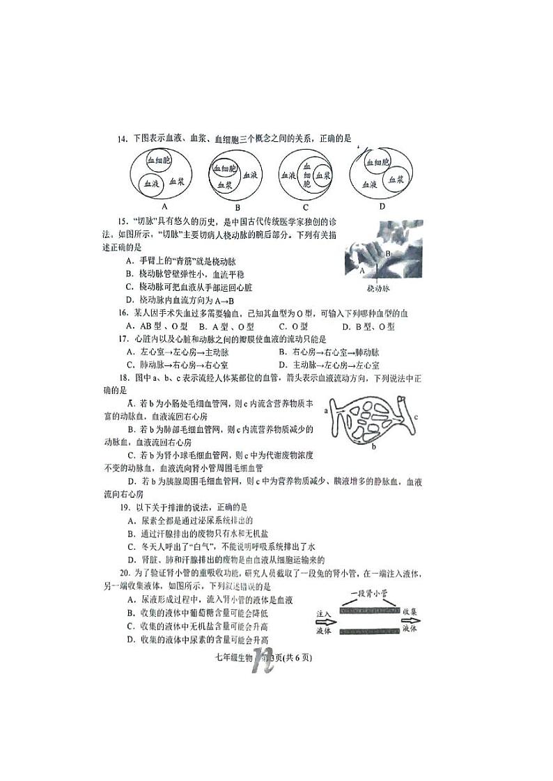 河南省南召县2023春期七年级下册生物抽考试卷第3页