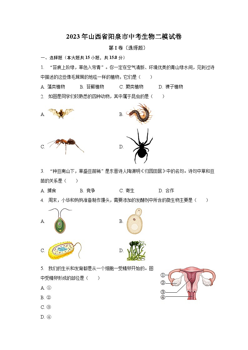 2023年山西省阳泉市中考生物二模试卷（含解析）01
