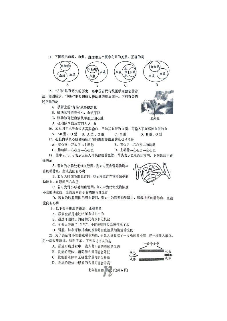 河南省南召县2023春期七年级下册生物抽考试卷及答案第3页
