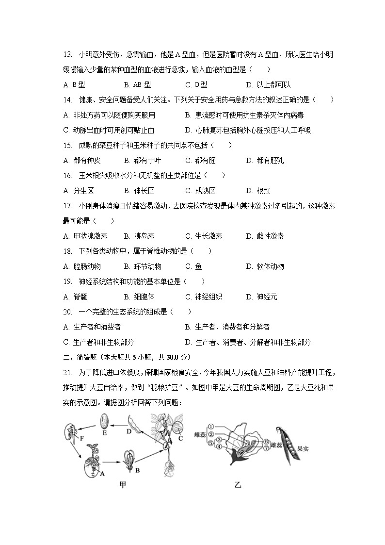 2023年河南省商丘市夏邑县中考生物一模试卷（含解析）02