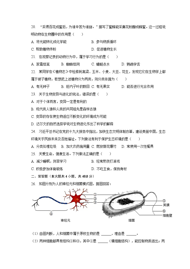 2023年湖南省邵阳市隆回县中考生物一模试卷（含解析）03