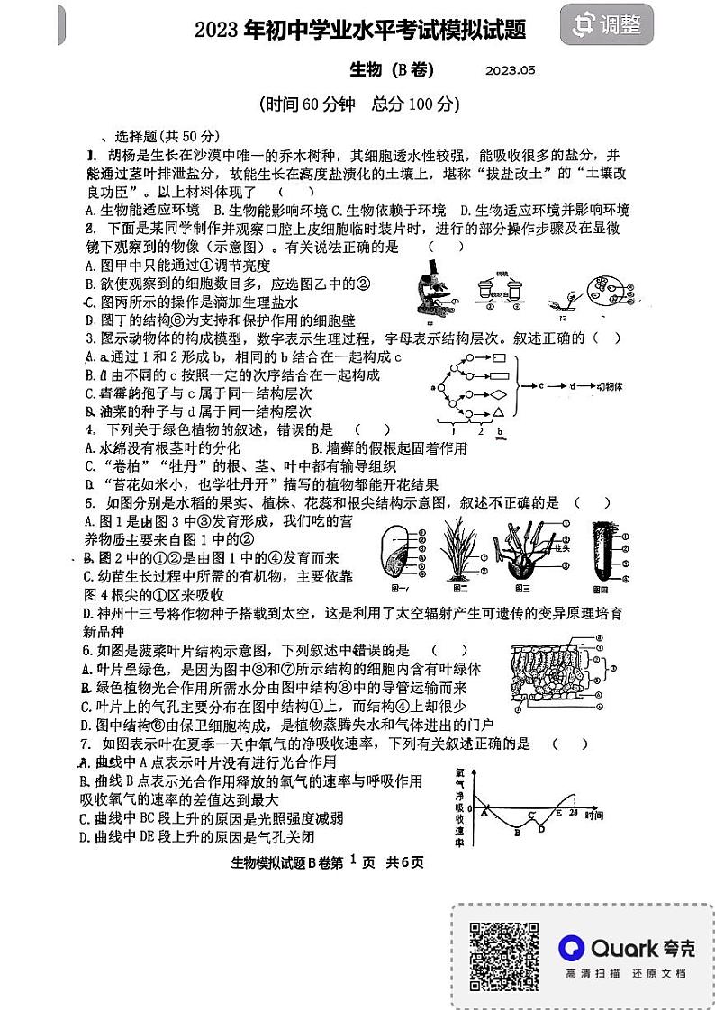 2023年山东省临沂市罗庄区初中学业水平考试二轮模拟生物试题（B卷）01