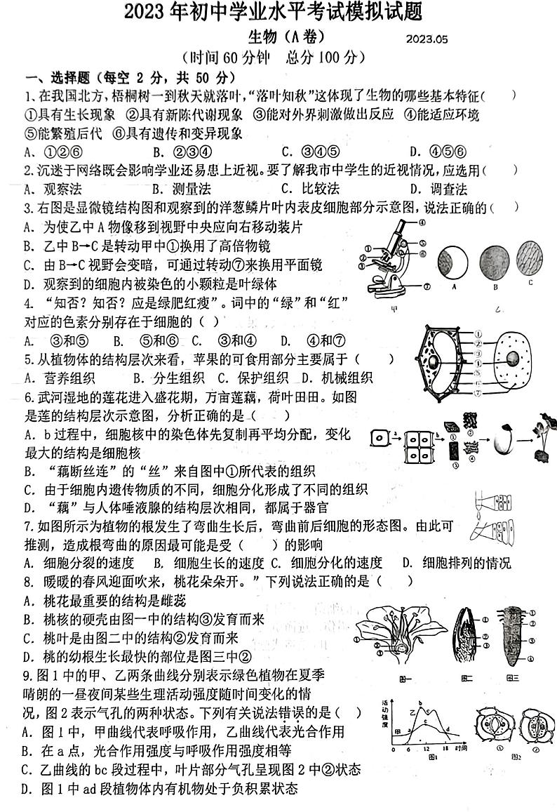 2023年山东省临沂市罗庄区初中学业水平考试二轮模拟生物试题（A卷）01