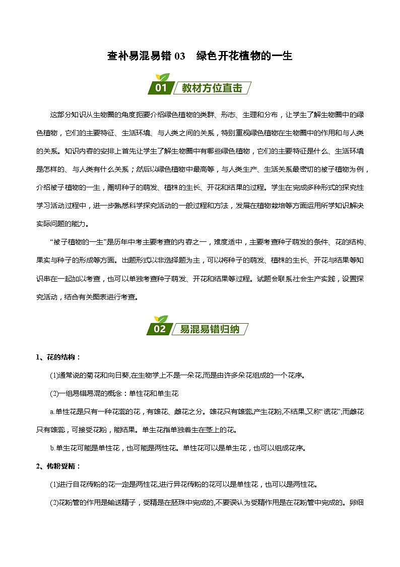 查补易混易错点03  绿色开花植物的一生-【查漏补缺】2023年中考生物三轮冲刺过关 试卷01