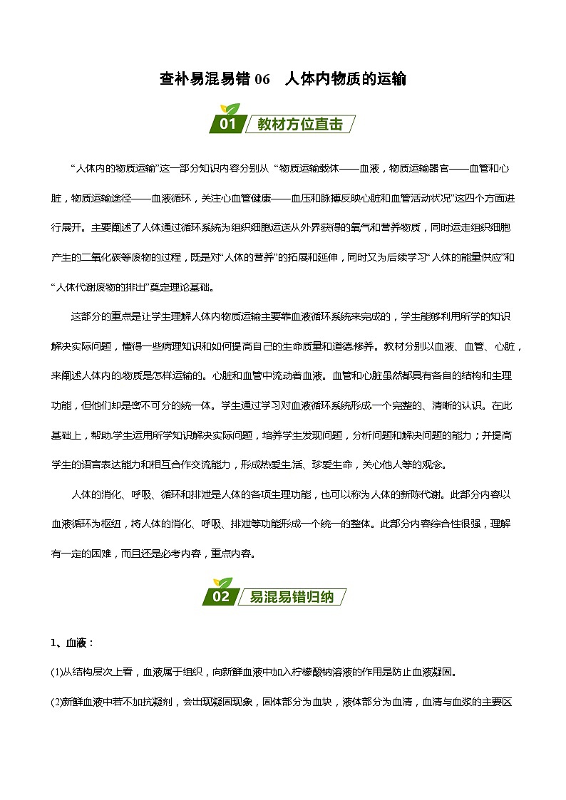查补易混易错点06  人体内物质的运输-【查漏补缺】2023年中考生物三轮冲刺过关 试卷01