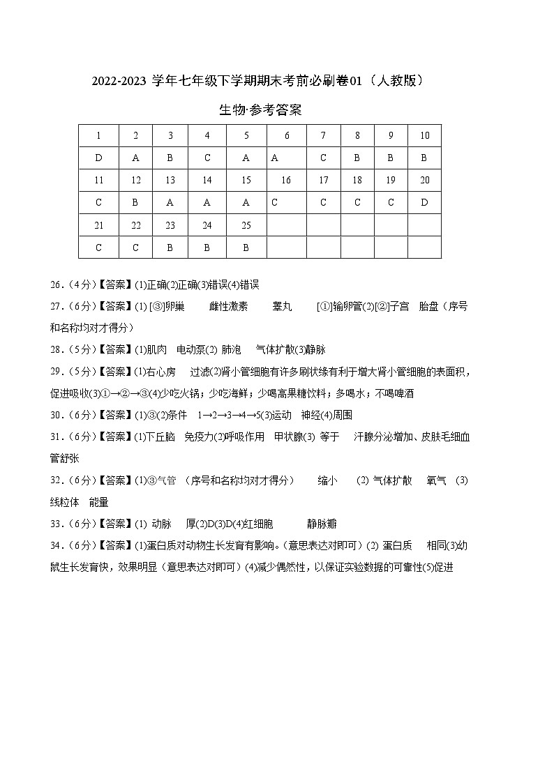 生物01卷（人教版七年级下册全部）——2022-2023学年七年级下学期期末模拟卷01