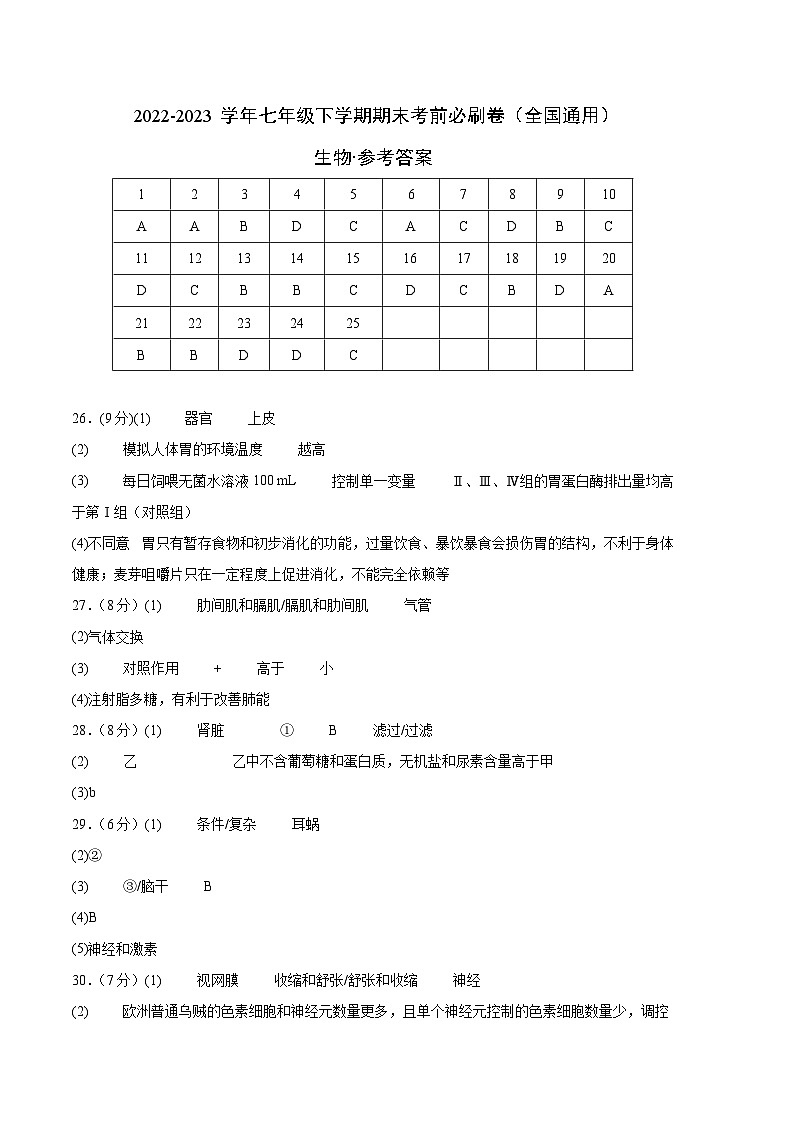 生物01卷（北京专用）——2022-2023学年七年级下学期期末模拟卷01
