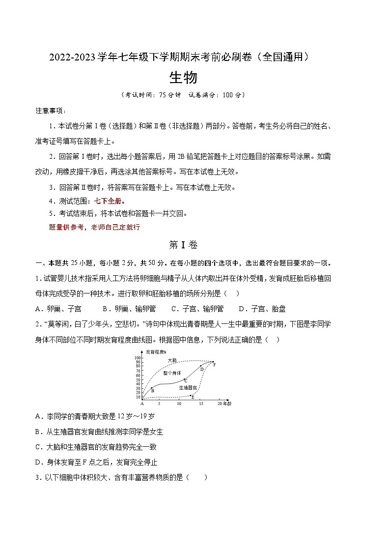 生物02卷（全国通用）——2022-2023学年七年级下学期期末模拟卷01