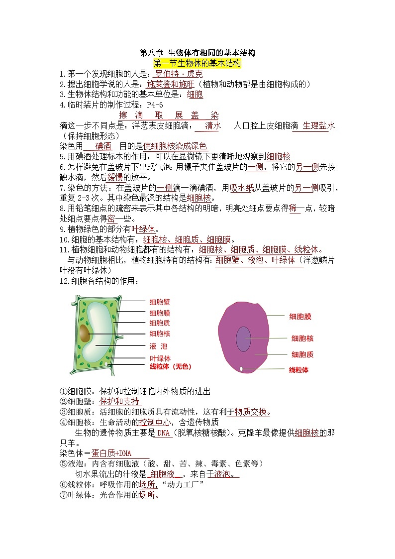 第八章 生物体有相同的基本结构——【期末复习】七年级生物章节知识点梳理（苏科版七下）01